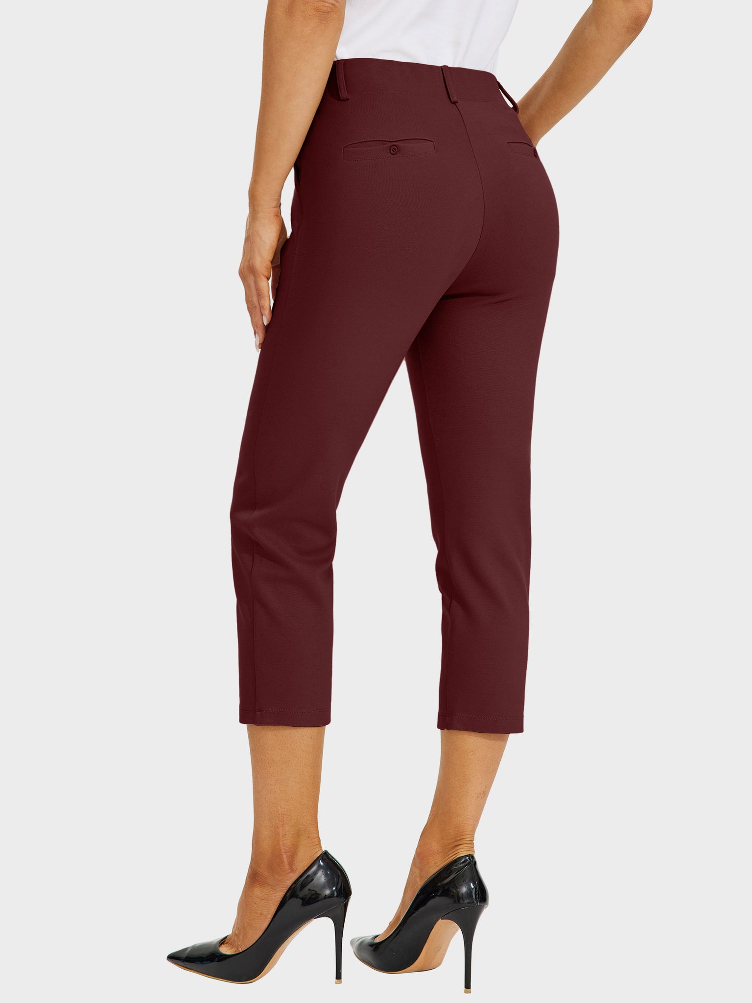 Women's Stretch Capri Yoga Dress Pants_Wine_model3