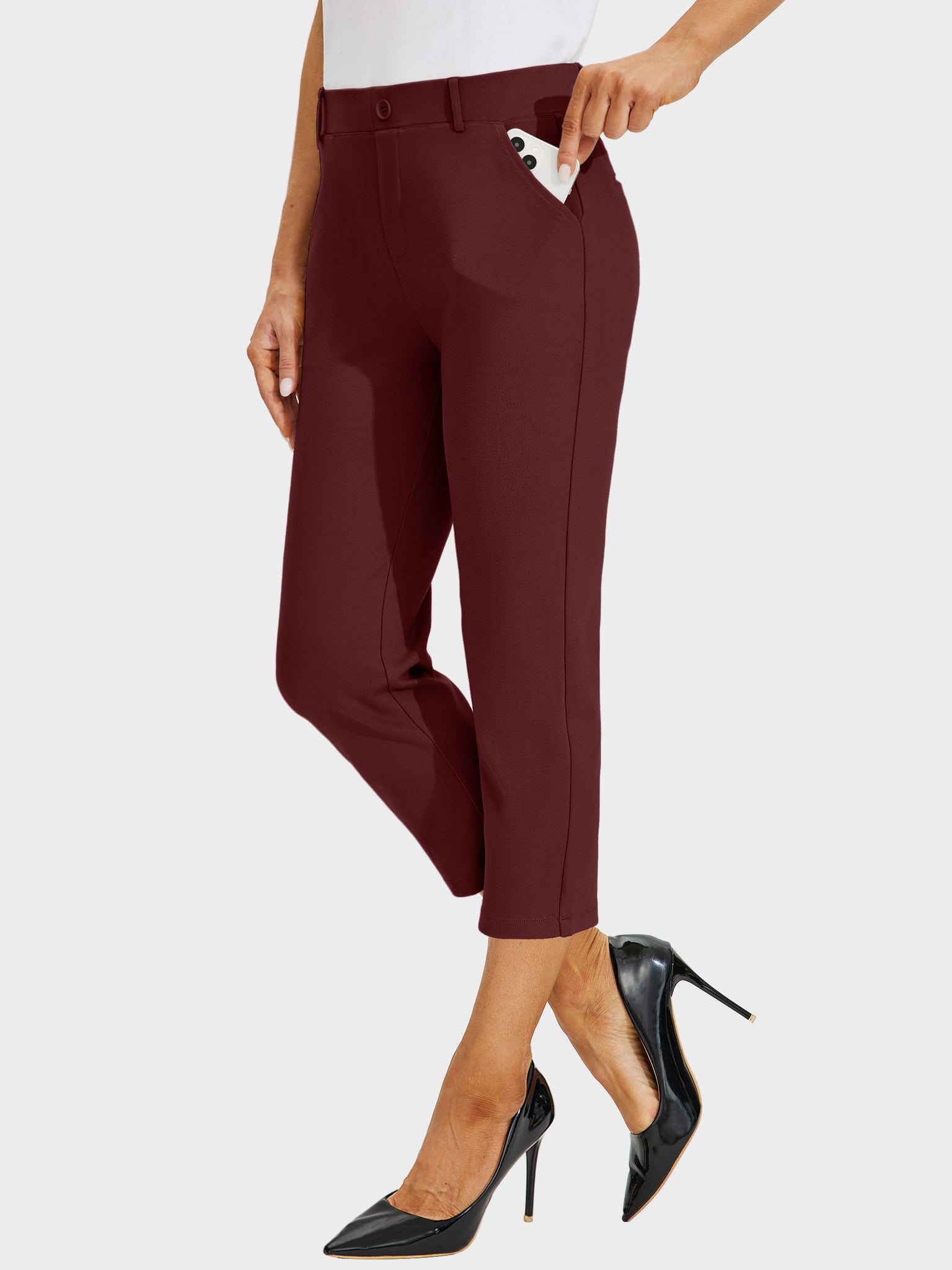 Women's Stretch Capri Yoga Dress Pants_Wine_model4