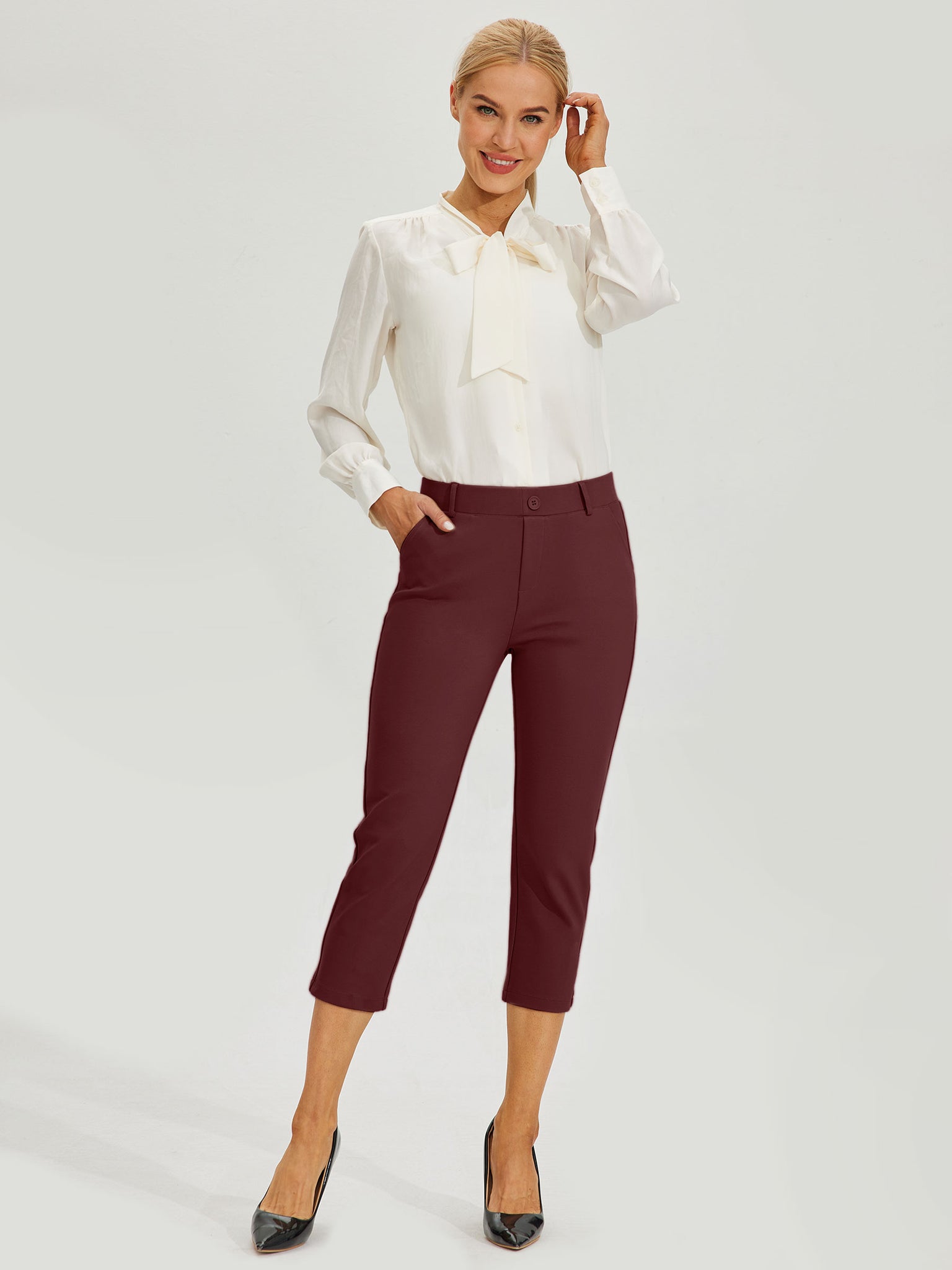 Women's Stretch Capri Yoga Dress Pants_Wine_model6