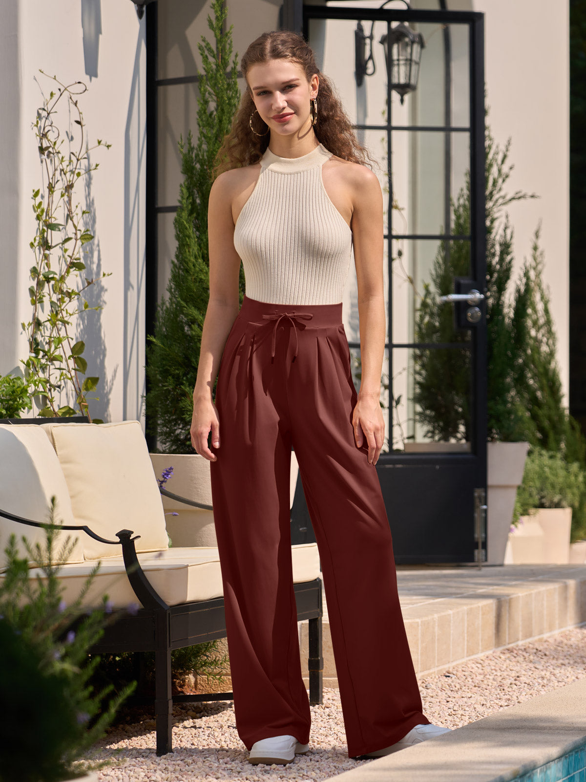 willit Women's Stretchy Wide Leg Slacks-28 Inch - winered