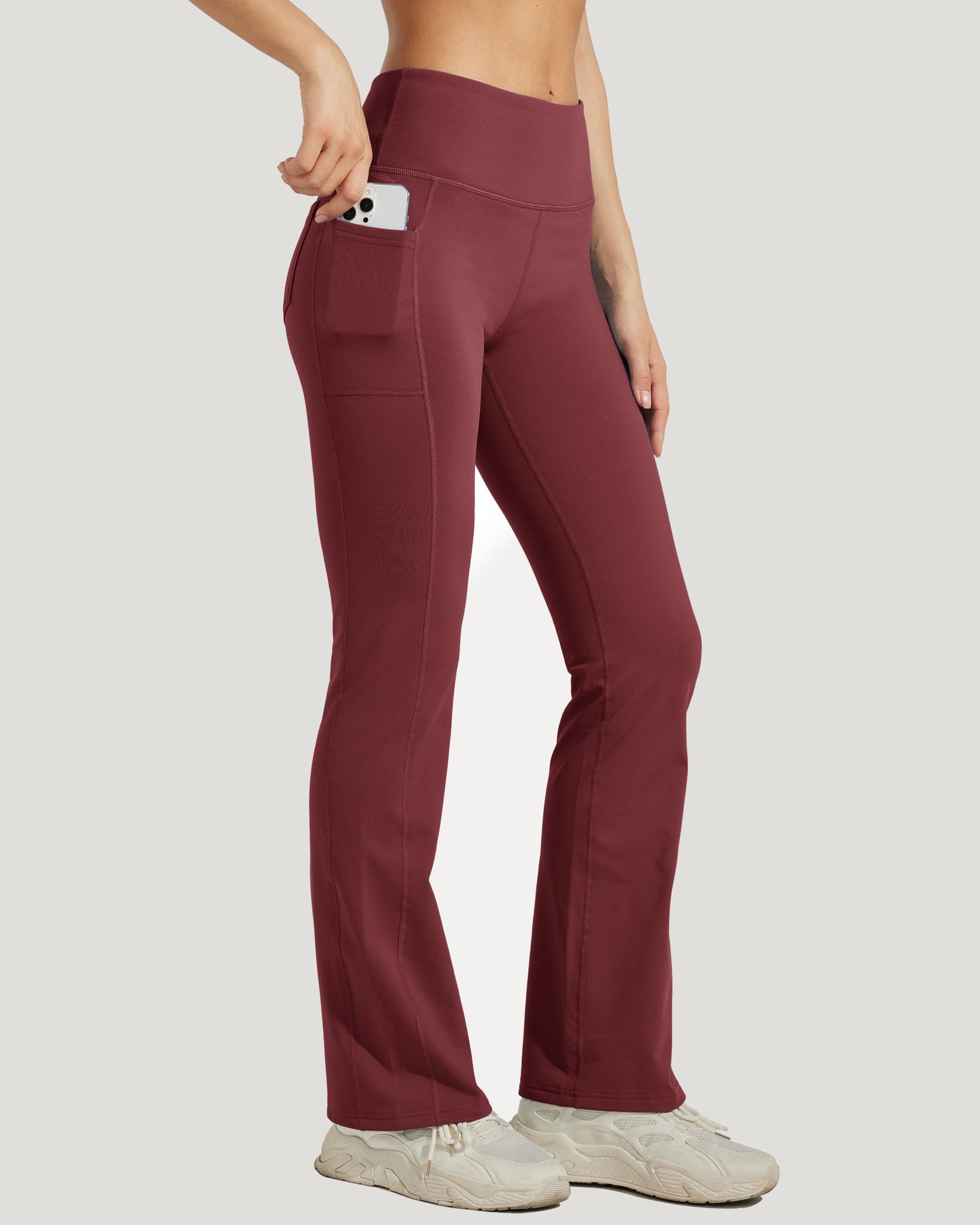 Women's Fleece Lined Bootcut Yoga Pants_WineRed_model3
