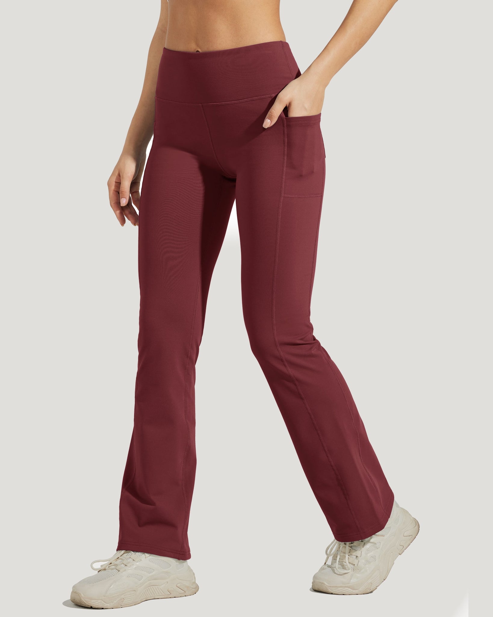 Women's Fleece Lined Bootcut Yoga Pants_WineRed_model2