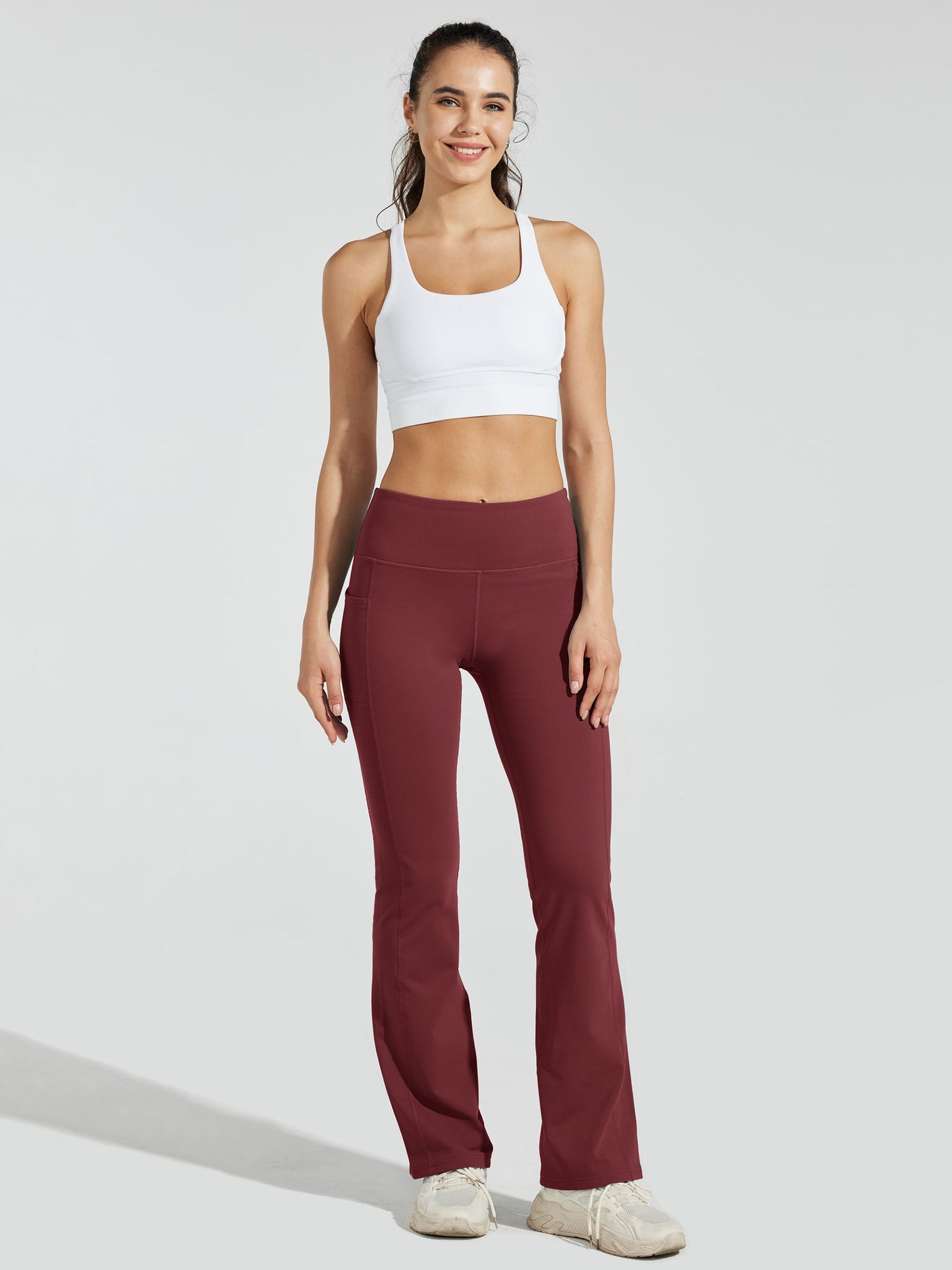 Women's Fleece Lined Bootcut Yoga Pants_WineRed_model5