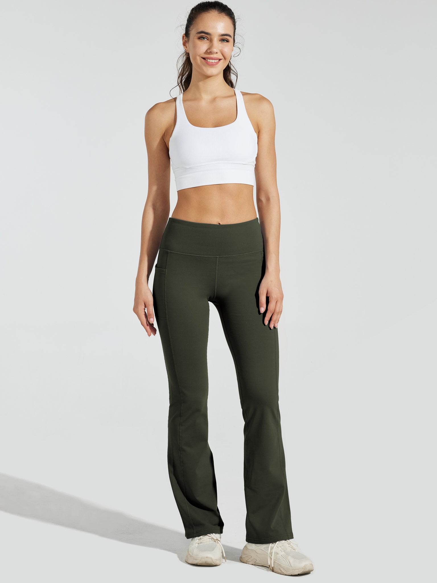 Women's Fleece Lined Bootcut Yoga Pants_Olive_model3
