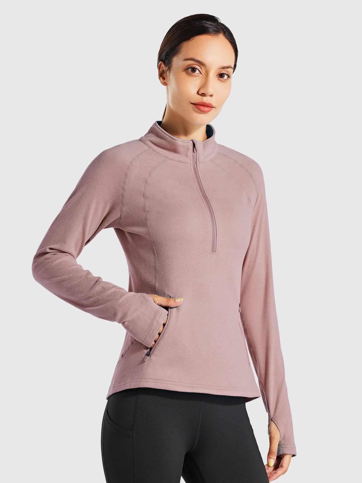 Willit Women's Fleece Pullover Half Zip_PinkGray1